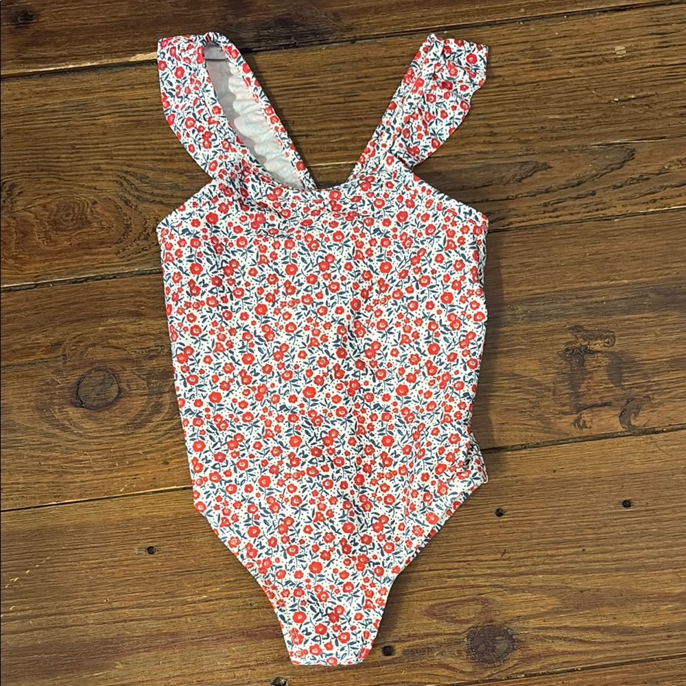 Carter's Red and White Floral One Piece Swimsuit with Ruffled Straps